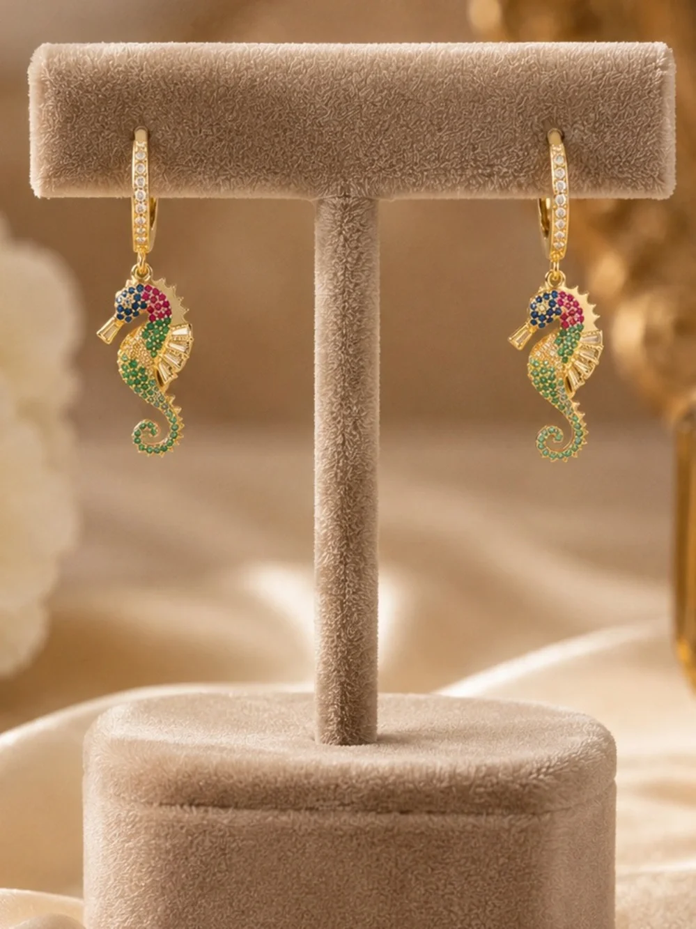 14k Multigem Seahorse Drop Hoop Earrings